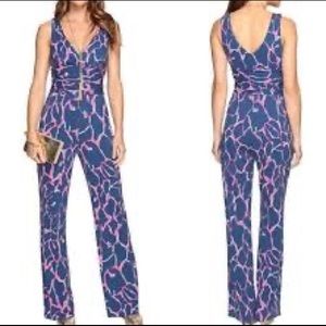 Lilly Pulitzer Sloane V Neck Jumpsuit | Pink and Blue Empire Waist w/ Stretch